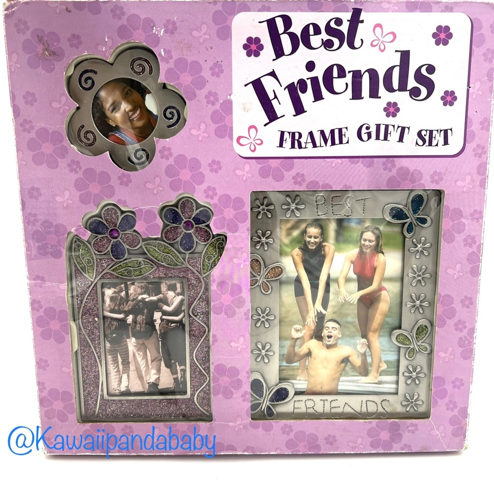 Y2K Vintage NIB 3 piece Glitter Flower Butterfly Silver Metal BFF Picture Frames